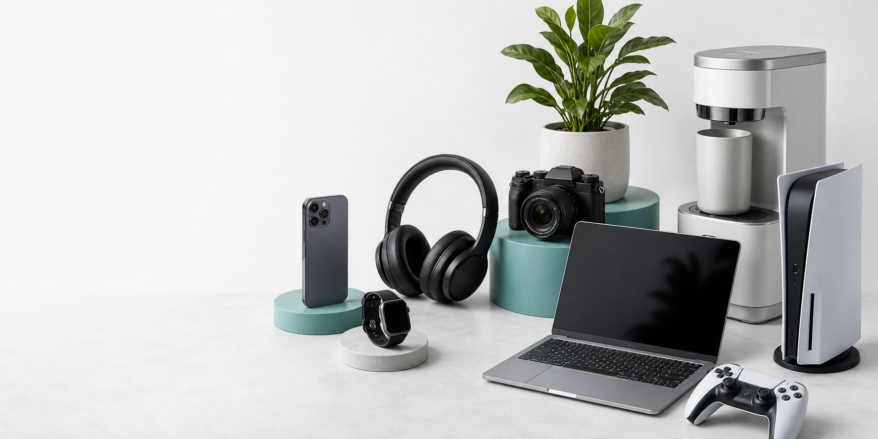 Curated consumer products on a white retail display